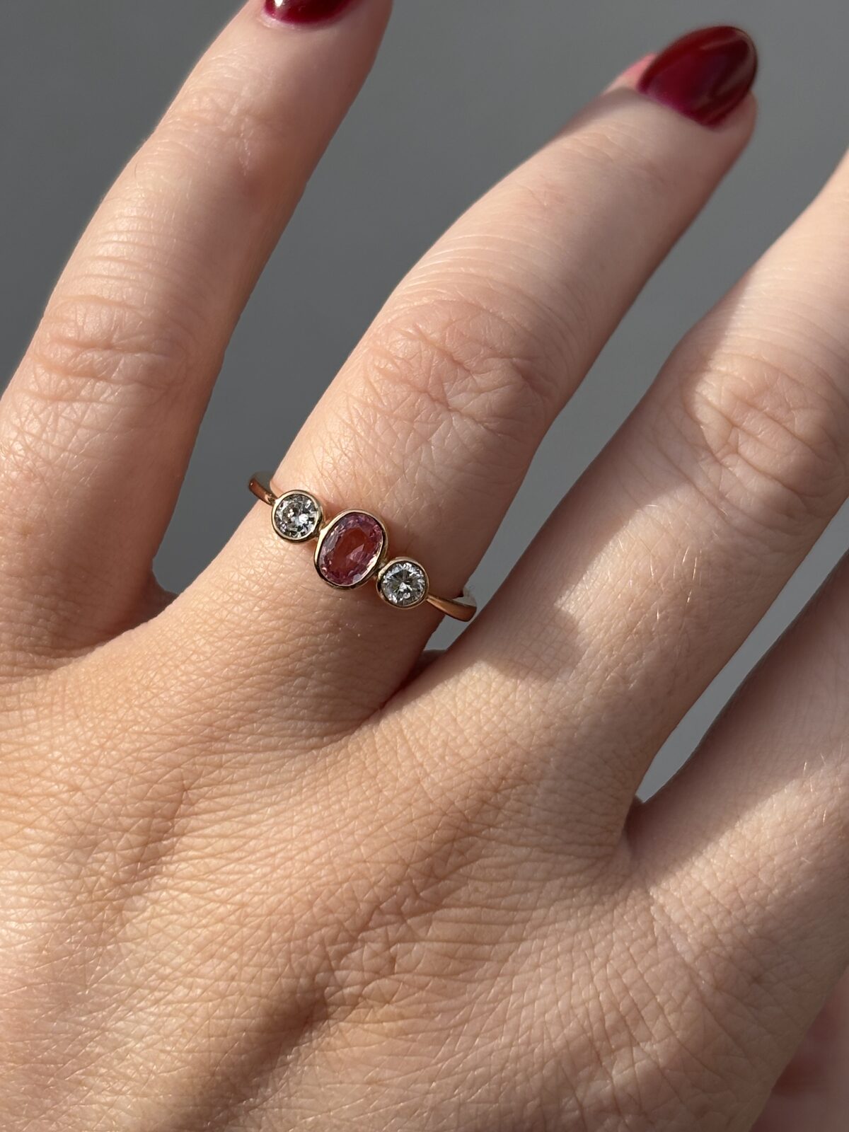 18ct Yellow Gold Pink Sapphire and Diamond Trilogy view 3