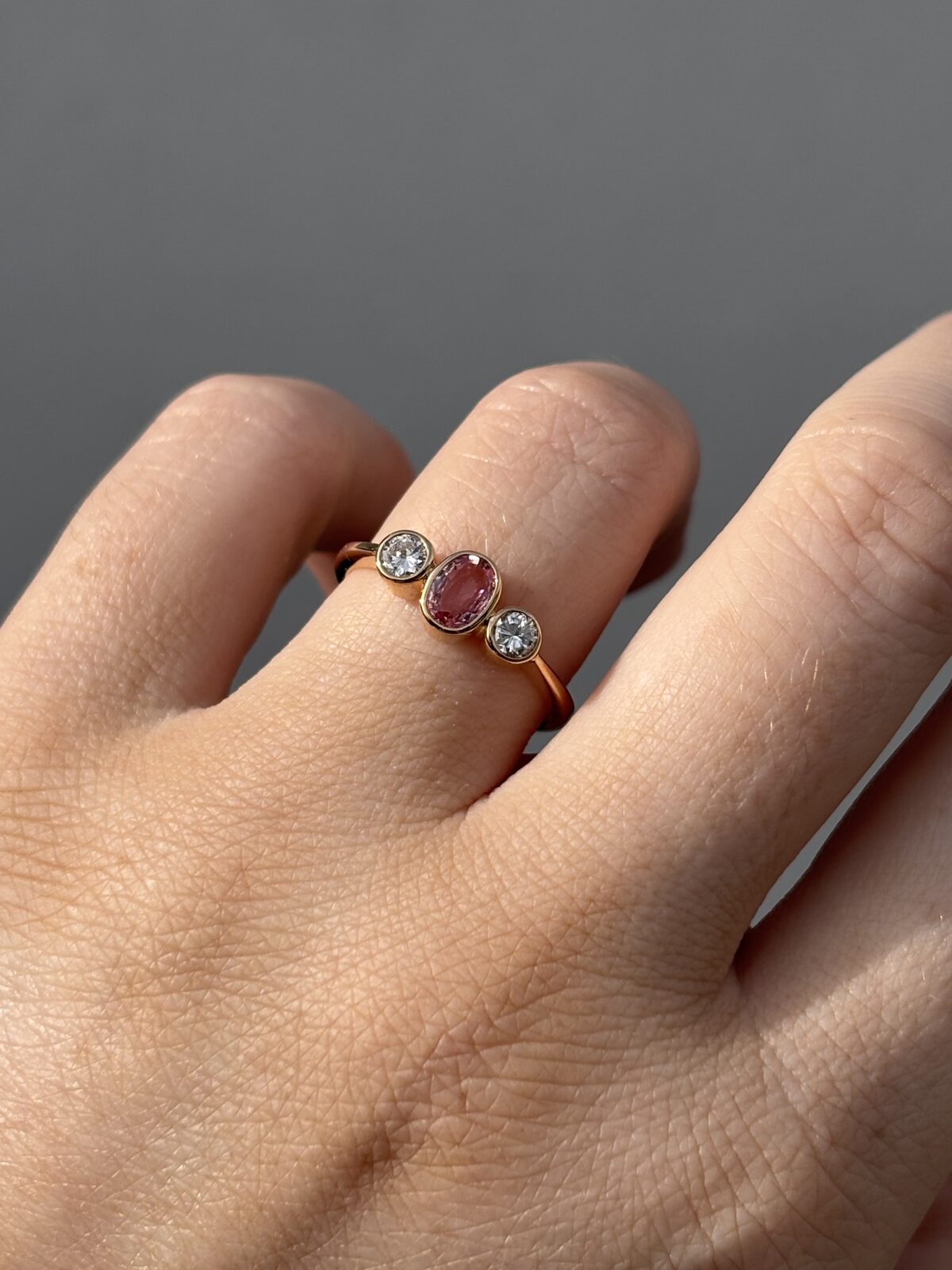18ct Yellow Gold Pink Sapphire and Diamond Trilogy view 4