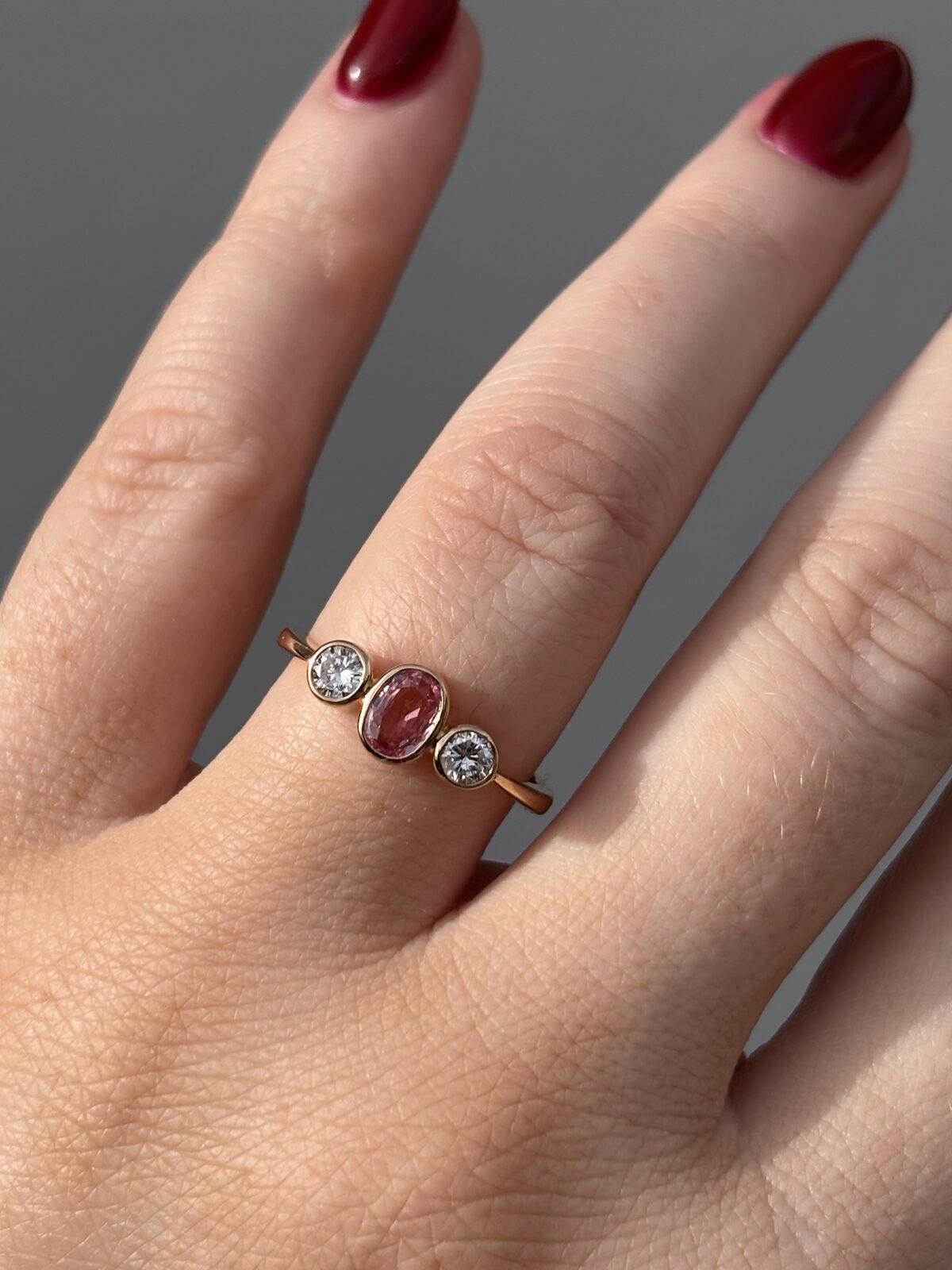 18ct Yellow Gold Pink Sapphire and Diamond Trilogy