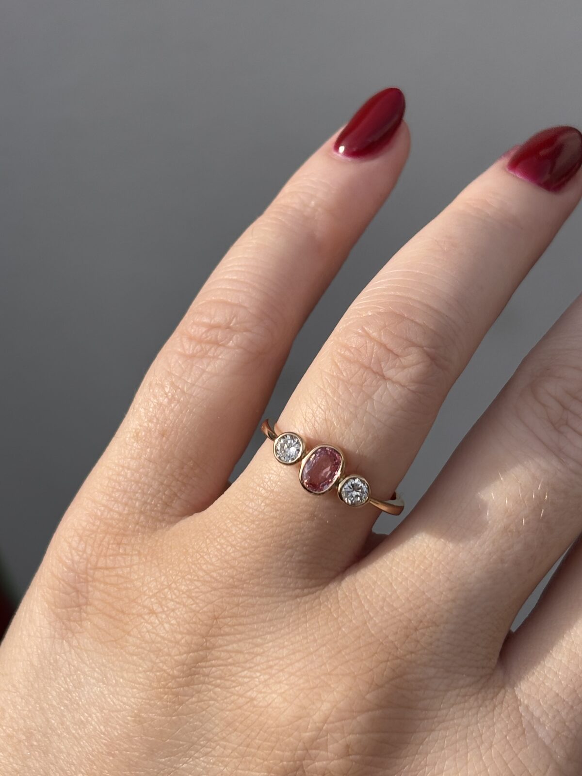 18ct Yellow Gold Pink Sapphire and Diamond Trilogy view 5