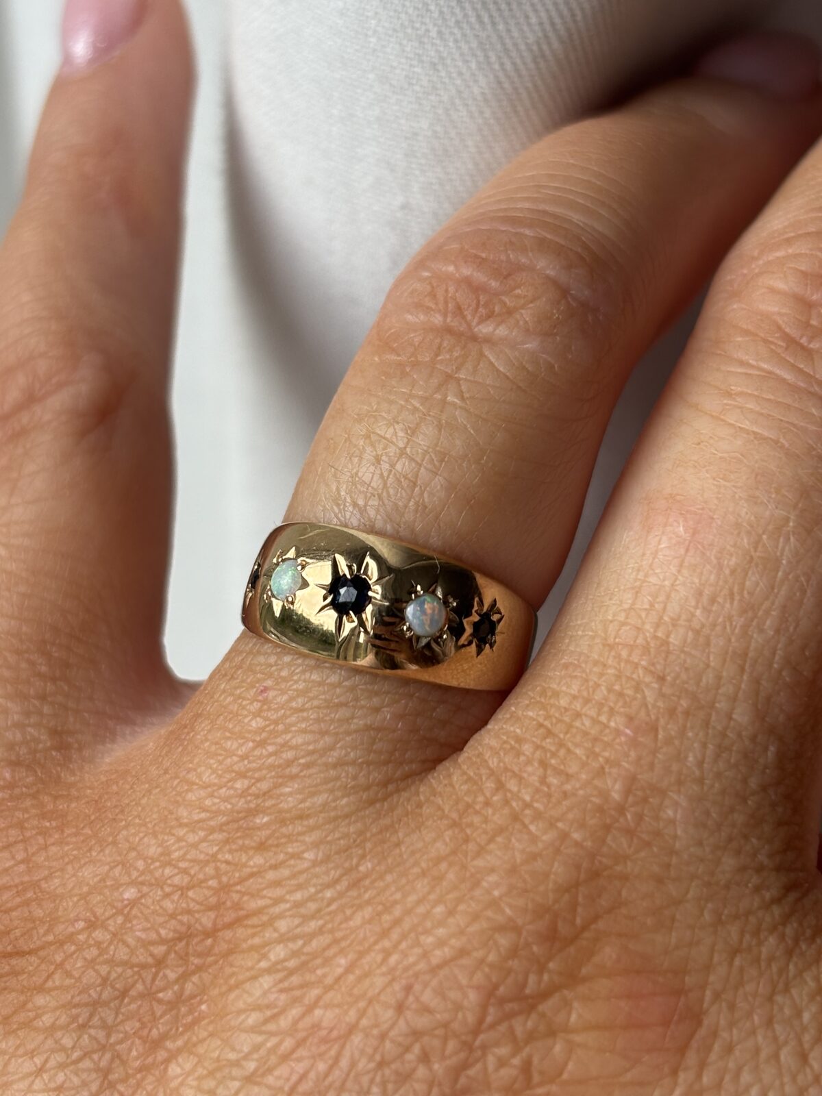 9ct Yellow Gold Sapphire and Opal Gypsy Ring view 3