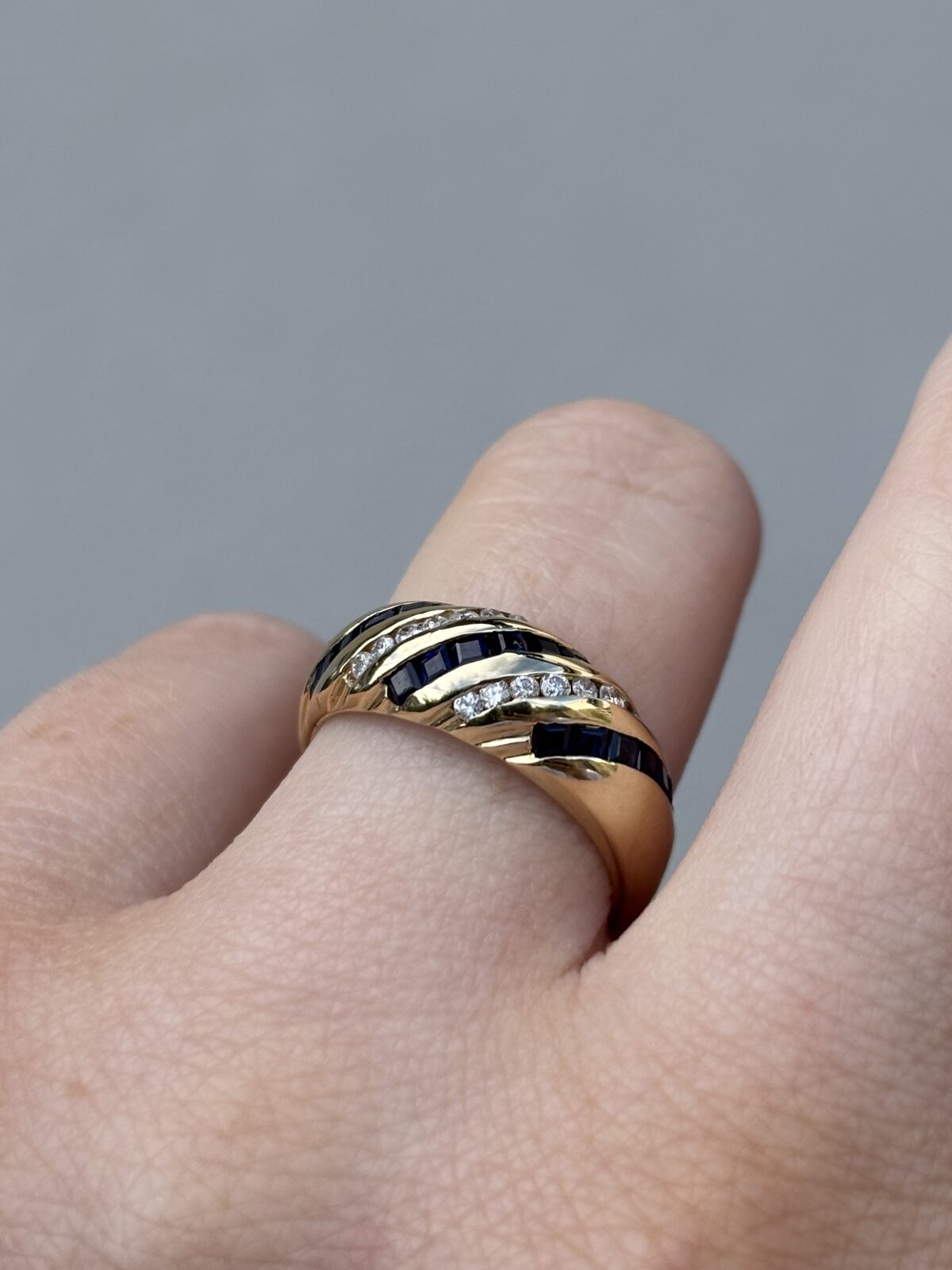 14ct Yellow Gold Sapphire and Diamond Bombé Ring view 3