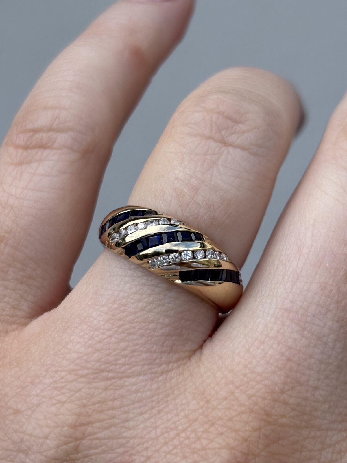 14ct Yellow Gold Sapphire and Diamond Bombé Ring view 2