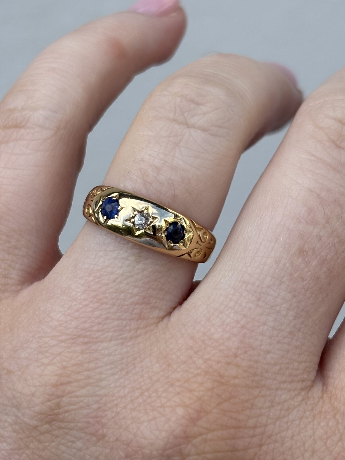18ct Yellow Gold Antique Sapphire and Diamond Gypsy Ring view 2