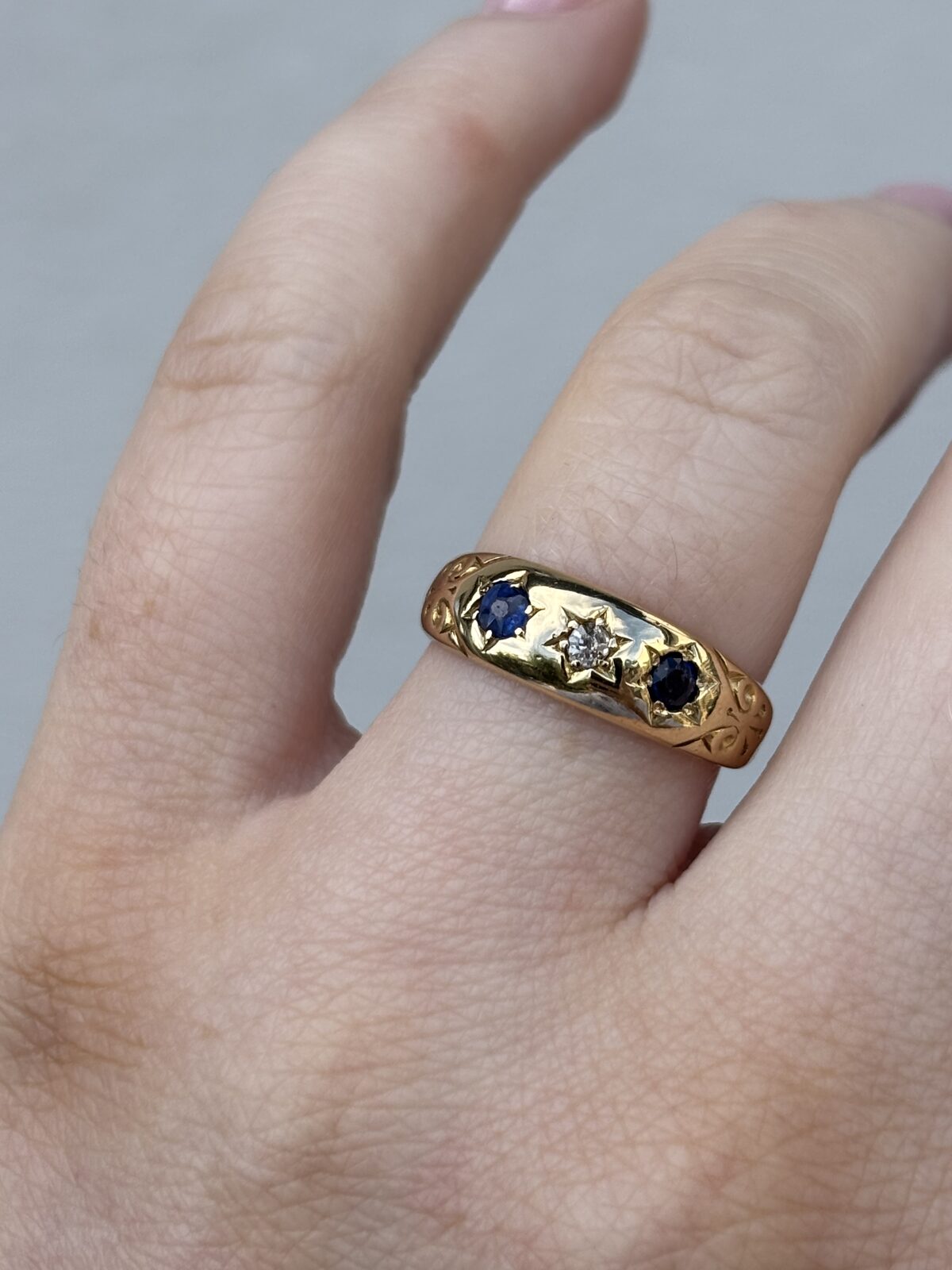18ct Yellow Gold Antique Sapphire and Diamond Gypsy Ring view 4