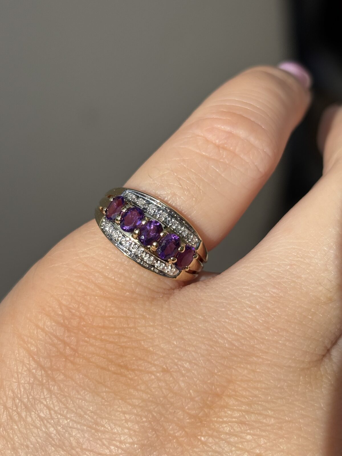 9ct Yellow Gold Amethyst and Diamond Band view 2